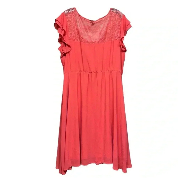 Torrid Coral A-Line Midi Dress Size 3 Lace Ruffle Sleeves V-Neck - Picture 4 of 6